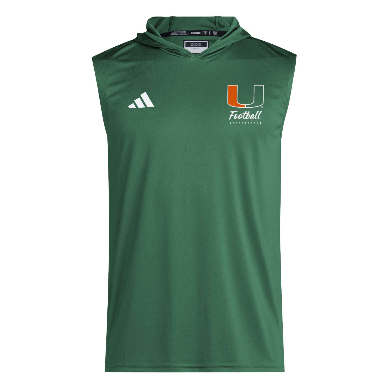 adidas Miami Hurricanes Green Football Sleeveless Hooded Performance Shirt - Image 3