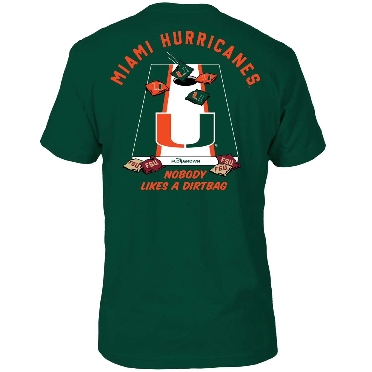 FloGrown Miami Hurricanes Green Cornhole Rivalry T-Shirt - Image 2