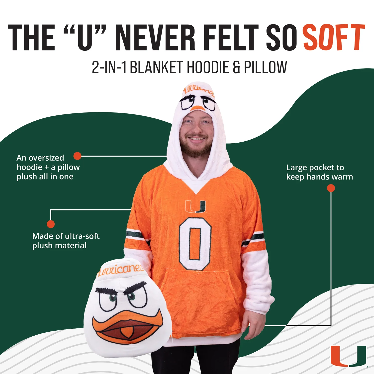 Orange Onions Miami Hurricanes Sebastian Snugible 2-in-1 Blanket Hoodie & Pillow - Image 2