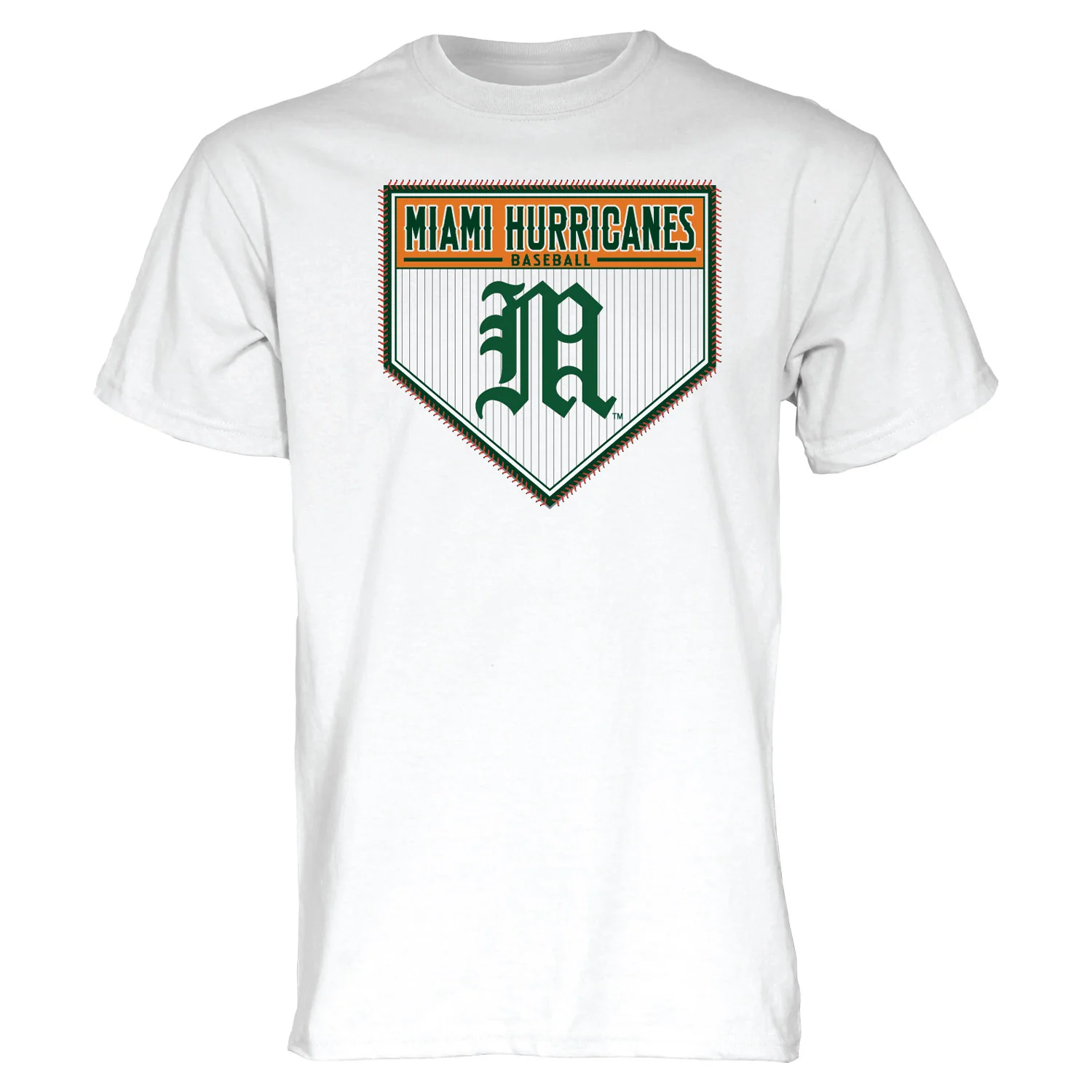 Blue 84 Miami Hurricanes White Old English "M" Baseball Home Plate Short Sleeve T-Shirt